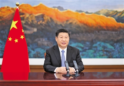 11月4日晚，第三届中国国际进口博览会开幕式在上海举行，国家主席习近平以视频方式发表主旨演讲。新华社记者 鞠鹏 摄